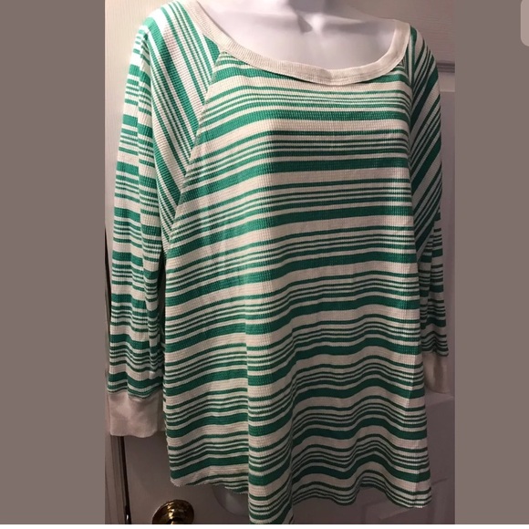 SUNDANCE Striped Thermal Shirt Oversized Top Green Scoop Neck Casual Comfy Knit - Picture 2 of 5